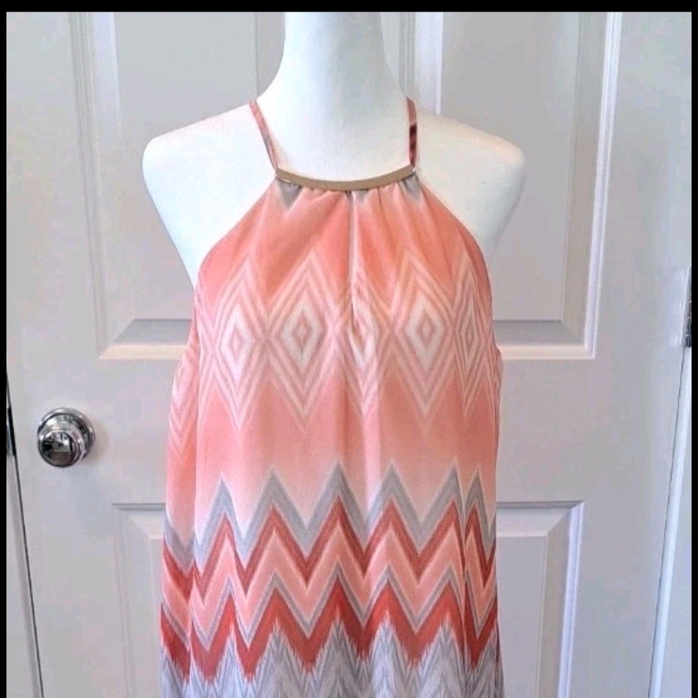 Luxology Coral and Gray Chevron Halter Dress Womens Size 8